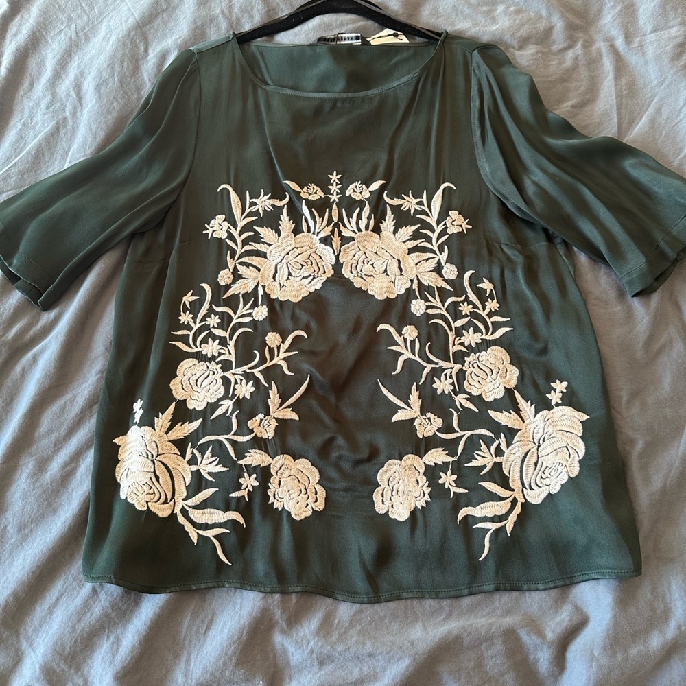 Zara Dark Green Blouse with Cream Floral Embroidery